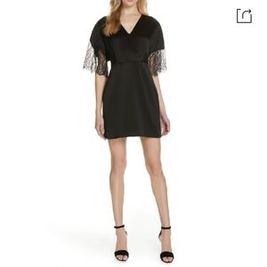 Tanya Taylor Kyra Black Satin Mini Dress Lace Sleeves V Neck Cocktail Party